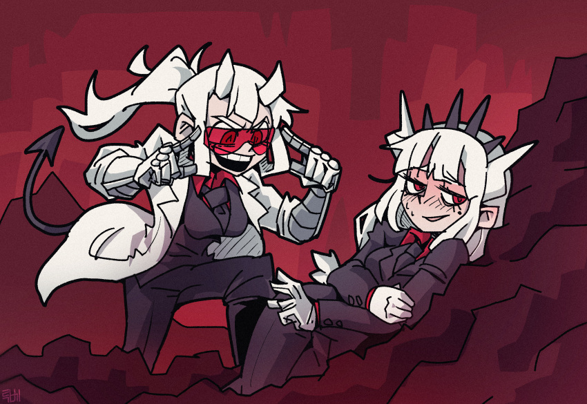 2be_(dmlgus148), 2girls, bangs, black_pants, blush, breasts, coat, demon_girl, demon_horns, demon_tail, english_commentary, formal, gloves, goggles, helltaker, highres, horns, labcoat, large_breasts, long_hair, long_sleeves, loremaster_(helltaker), lucifer_(helltaker), mole, mole_under_eye, multiple_girls, necktie, open_clothes, open_coat, pants, pointy_ears, ponytail, red_background, red_eyes, red_shirt, shirt, smile, standing, suit, tail, think_mark_think!_(meme), tied_hair, white_coat, white_hair, white_horns