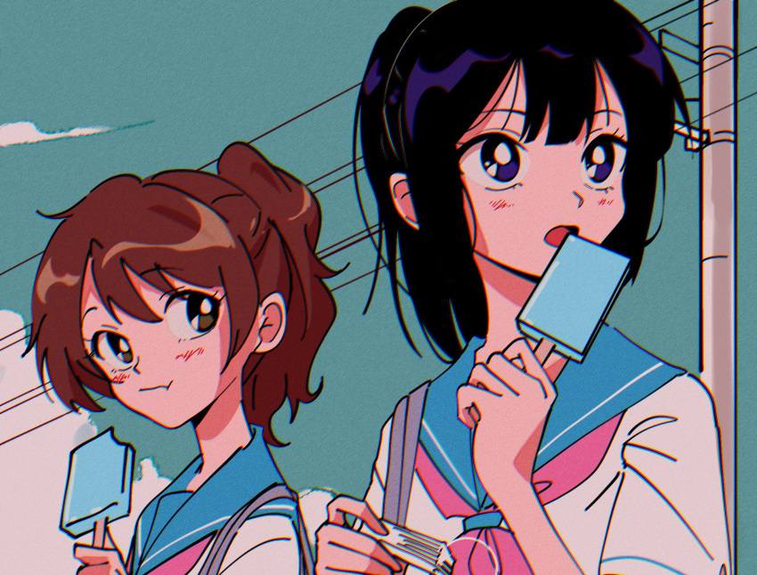 1990s_(style), 2girls, bag, black_hair, blue_sailor_collar, blush, brown_eyes, brown_hair