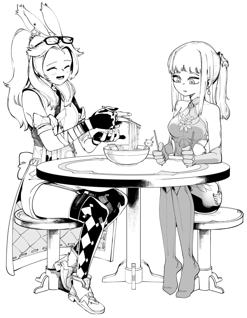 2girls, :d, absurdres, animal_ears, bare_shoulders, blush, bowl, chair