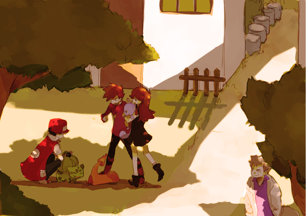 1girl, 3boys, bad_id, baseball_cap, black_dress, blue_(pokemon), blue_(pokemon)_(classic), brown_hair