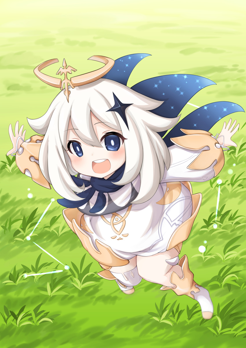 1girl, absurdres, black_scarf, blue_eyes, bodysuit, boots, flying, genshin_impact