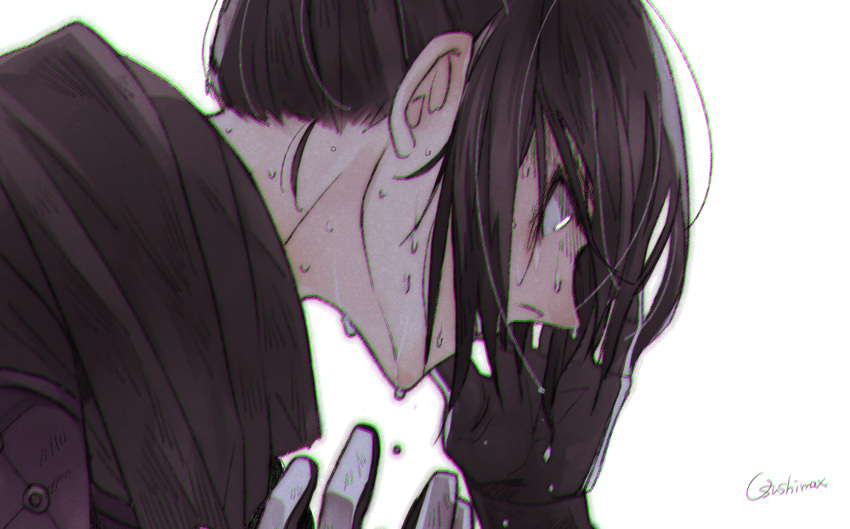 1girl, apex_legends, artist_name, black_gloves, black_hair, black_scarf, close-up, from_side, gloves, hair_behind_ear, hand_on_own_face, highres, looking_down, open_mouth, osushimax, scarf, solo, sweat, sweating_profusely, white_background, white_eyes, wraith_(apex_legends)