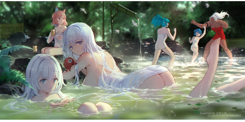 6+girls, animal_ear_fluff, animal_ears, artist_name, ass, bathing, blue_eyes, blue_hair