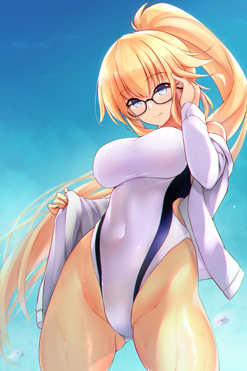 1girl, bangs, black-framed_eyewear, blonde_hair, blue_eyes, blue_sky, breasts, closed_mouth