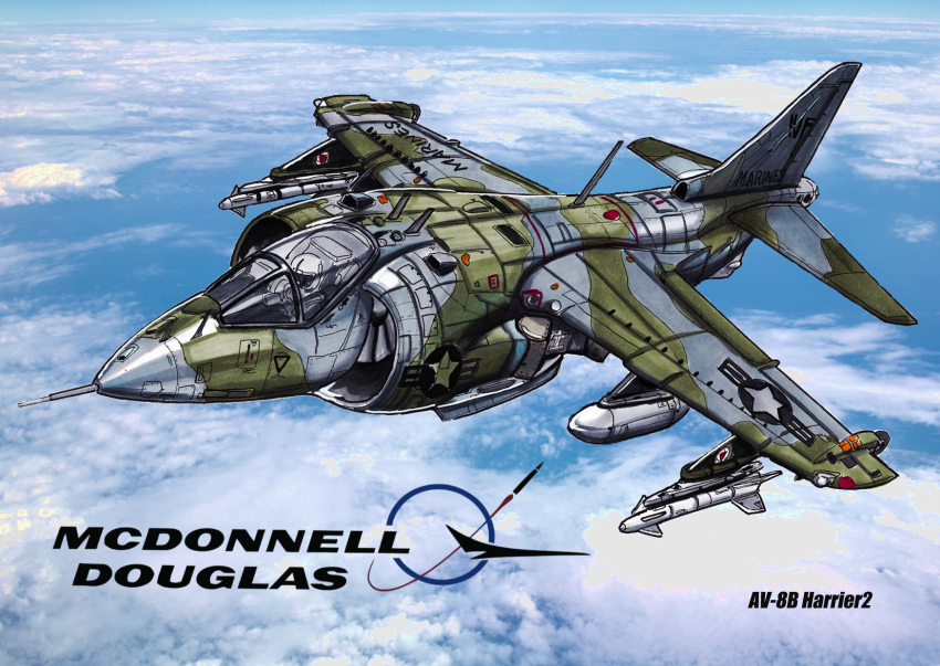 1other, aircraft, airplane, clouds, fighter_jet, flying, harrier_jump_jet, helmet
