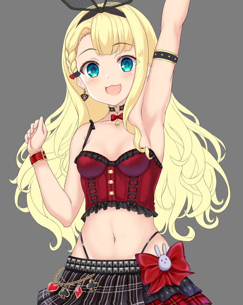 1girl, :3, :d, arm_strap, arm_up, armpits, bare_arms, bare_shoulders