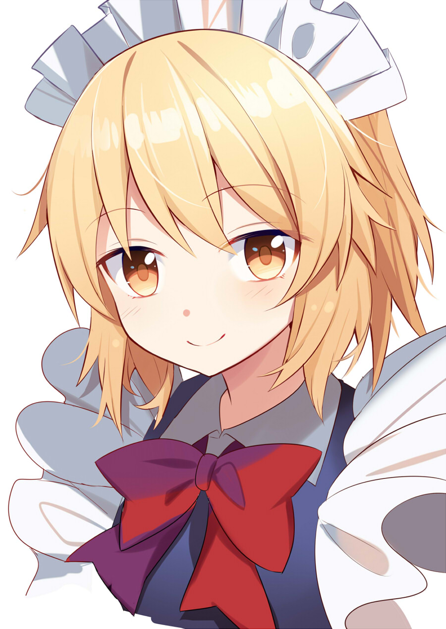 1girl, bangs, blonde_hair, blue_dress, bow, closed_mouth, dress, e.o.