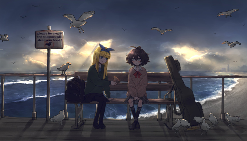 2girls, bangs, beach, bird, black_hair, black_legwear, blind, blind_girl_(popopoka)