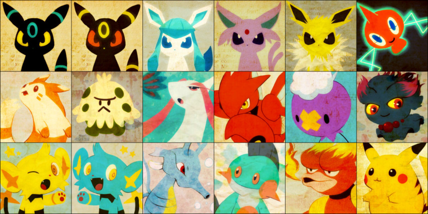 drifloon, espeon, furret, glaceon, jolteon, kingdra, magmar, marshtomp, milotic, misdreavus, nintendo, no_humans, pikachu, pokemon, rotom, scizor, shinx, shiny, shiny_pokemon, shroomish, tetsuko_(pixiv), umbreon