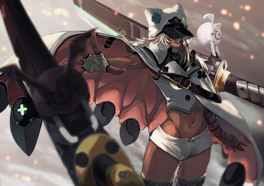 1girl, bandaged_arm, bandages, belt, cape, dark_skin, dark-skinned_female, fingerless_gloves