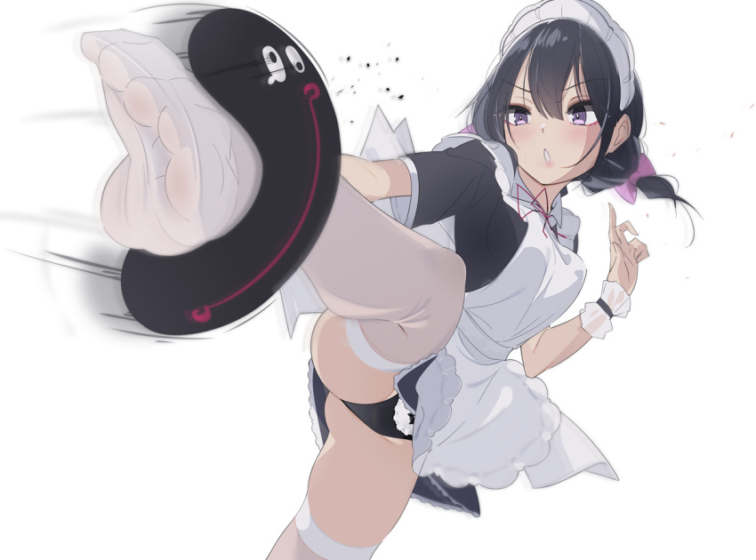 1girl, ass, black_hair, black_panties, kicking, long_hair, maid, maid_headdress