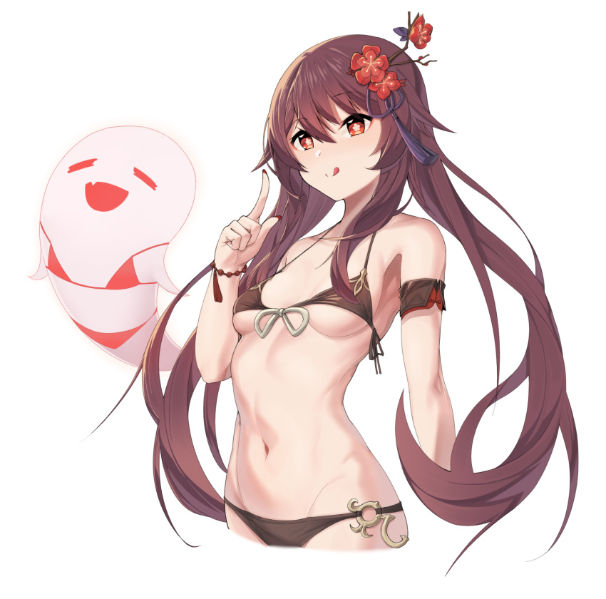 1girl, :p, bare_shoulders, bead_bracelet, beads, bikini, black_bikini, bow, bowtie, bracelet, breasts, brown_hair, cropped_legs, fang, flower, genshin_impact, ghost, groin, hair_flower, hair_ornament, highres, hu_tao, index_finger_raised, jewelry, mung_(larnec), navel, open_mouth, plum_blossoms, red_eyes, simple_background, small_breasts, smile, solo_focus, star-shaped_pupils, star_(symbol), stomach, string_bikini, swimsuit, swimwear, symbol-shaped_pupils, tongue, tongue_out, twintails, under_boob, white_background