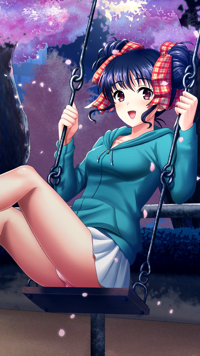 1girl, :d, bangs, blue_hair, breasts, cherry_blossoms, collarbone, double_bun