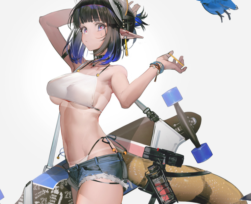 1girl, arknights, arm_up, bangs, bare_arms, bare_shoulders, black_hair, blue_eyes