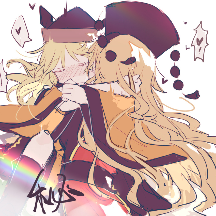 2girls, arms_around_neck, black_dress, blonde_hair, blush, closed_eyes, crown, detached_sleeves, dress, heart, highres, hug, junko_(touhou), kyuutame, long_hair, matara_okina, multiple_girls, pom_pom_(clothes), spoken_heart, spread_legs, tabard, touhou, very_long_hair, wide_sleeves, yuri