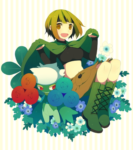 1girl, boots, brown_hair, green_hair, gym_leader, kokemomo_sayakusa, natane_(pokemon), nintendo