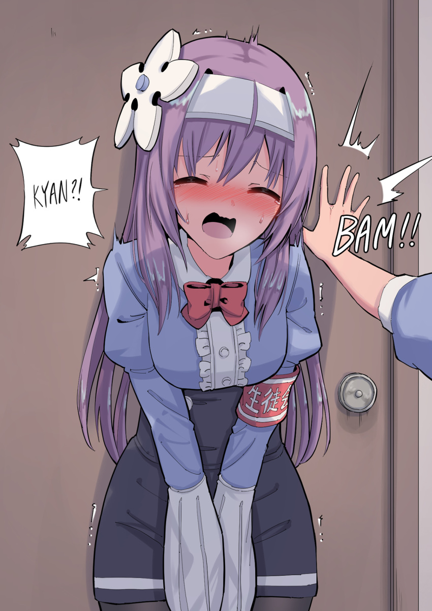 2girls, ^^^, ^_^, against_wall, arm_up, armband, bangs, between_legs