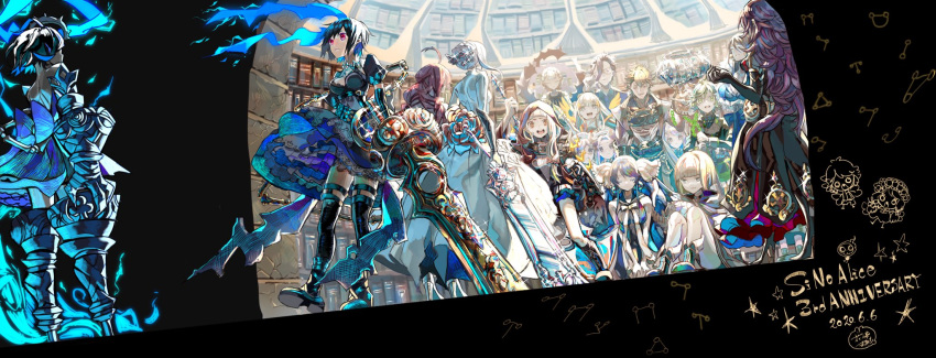 abs, ahoge, aladdin_(sinoalice), alice_(sinoalice), animal_ears, anki_(sinoalice), apron, bangs, belt, black_hair, blonde_hair, blue_hair, blunt_bangs, bob_cut, book, bookshelf, boots, braid, briar_rose_(sinoalice), buckle, chain, chest_plate, choker, closed_eyes, closed_mouth, dorothy_(sinoalice), dress, elbow_gloves, energy_wings, everyone, flower, formal, glasses, gloves, green_eyes, green_hair, gretel_(sinoalice), grey_eyes, hair_ornament, hair_ribbon, hameln_(sinoalice), hanazome_march, happy, hat, headdress, high_collar, highres, holding, holding_weapon, hood, hood_up, kaguya_hime_(sinoalice), kneeling, legband, little_red_riding_hood_(sinoalice), long_hair, looking_at_another, looking_at_viewer, looking_down, ningyo_hime_(sinoalice), orange_eyes, otoko_no_ko, petticoat, pig_ears, pinocchio_(sinoalice), plant, puffy_short_sleeves, puffy_sleeves, purple_hair, rapunzel_(sinoalice), red_eyes, red_flower, red_rose, ribbon, rose, sad, scared, short_hair, short_sleeves, sidelocks, sinoalice, sleeping, snow_white_(sinoalice), sparkle, staff, suit, sword, thigh-highs, thorns, three_little_pigs_(sinoalice), twintails, vines, weapon, white_dress, zettai_ryouiki