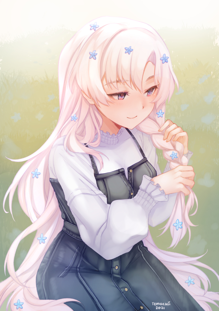 1girl, blue_eyes, blue_flower, braiding_hair, closed_mouth, commentary, dated, english_commentary, flower, grey_shirt, hair_flower, hair_ornament, hairdressing, indie_virtual_youtuber, long_sleeves, lyrica_(vtuber), overalls, pink_hair, shirt, signature, sitting, smile, solo, temachii