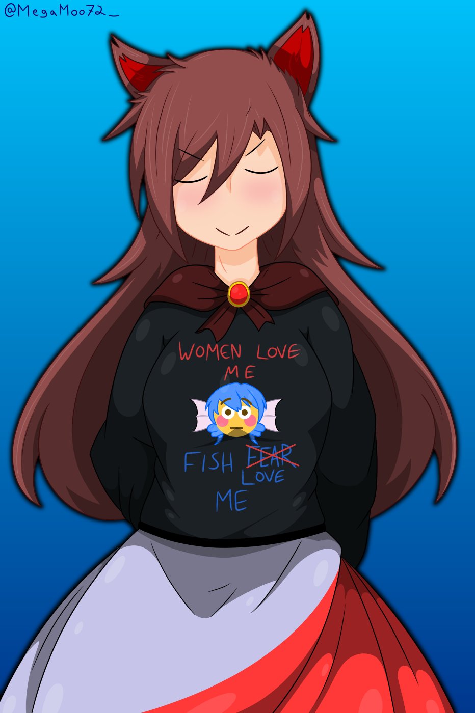 1girl, animal_ears, bangs, black_shirt, blue_background, blue_hair, brooch, brown_hair, closed_mouth, commentary, cowboy_shot, emoji, english_commentary, eyebrows_visible_through_hair, hair_between_eyes, highres, imaizumi_kagerou, implied_yuri, jewelry, long_hair, long_sleeves, megamoo, shirt, signature, simple_background, skirt, smile, solo, touhou, wakasagihime, white_skirt, wolf_ears, women_fear_me_fish_fear_me_(hat)