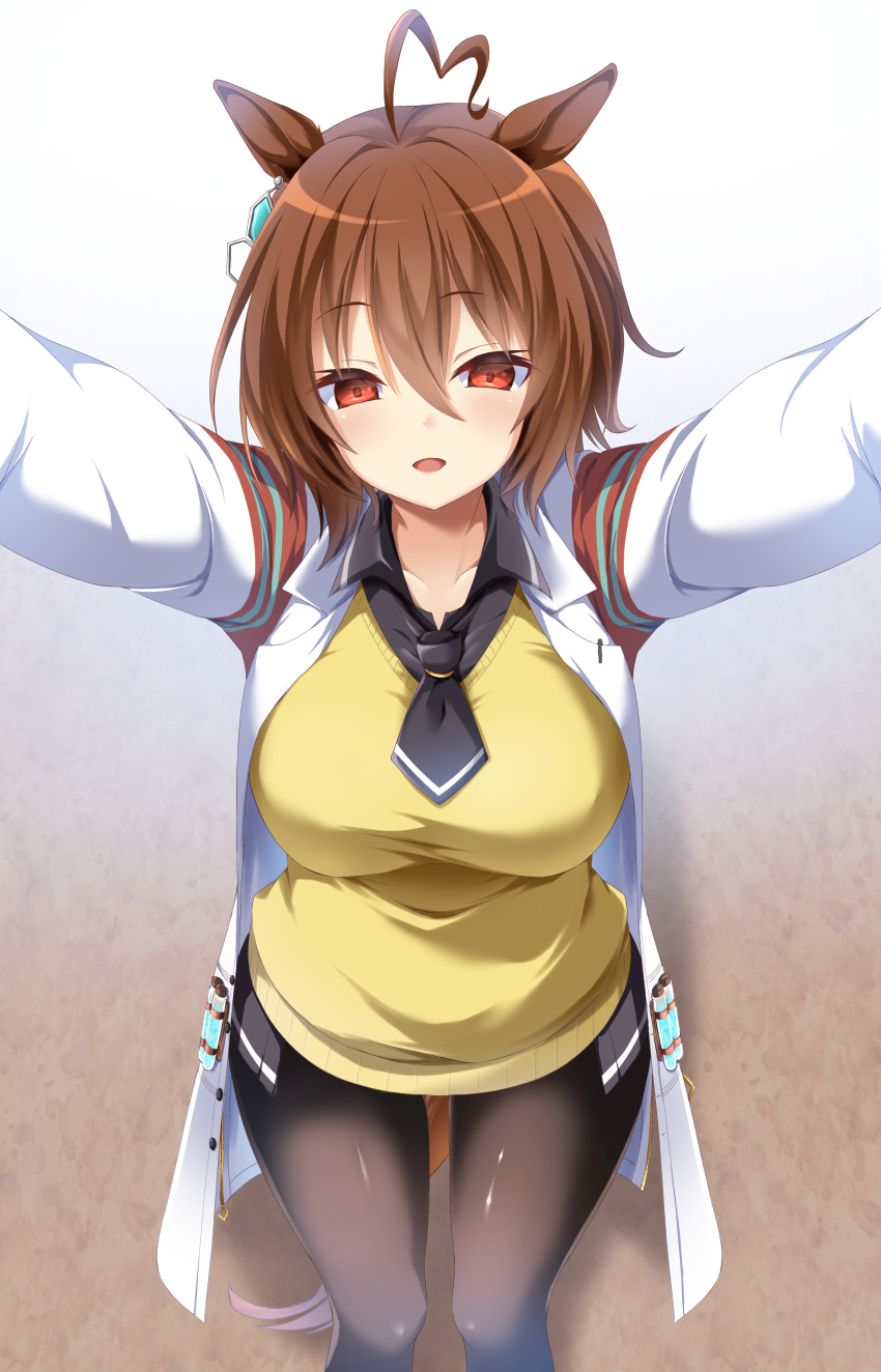 1girl, absurdres, agnes_tachyon_(umamusume), ahoge, animal_ears, black_legwear, black_shirt, breasts