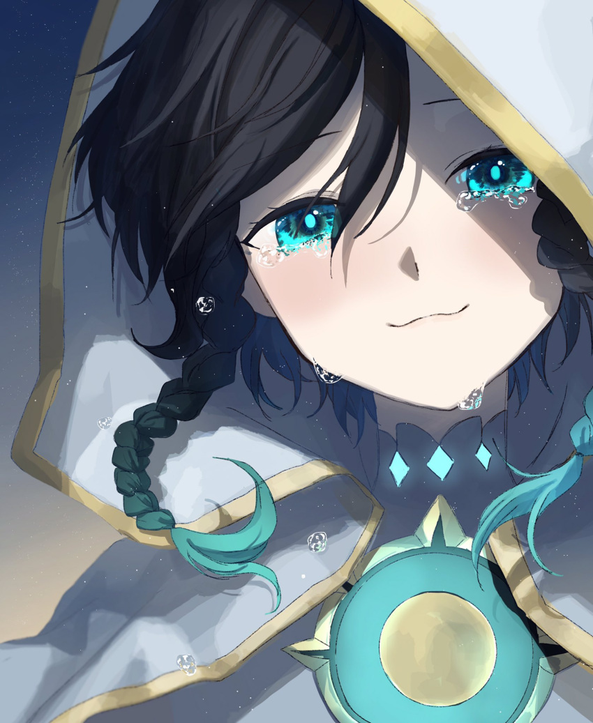 1boy, alternate_costume, androgynous, bangs, black_hair, blue_hair, blush, braid
