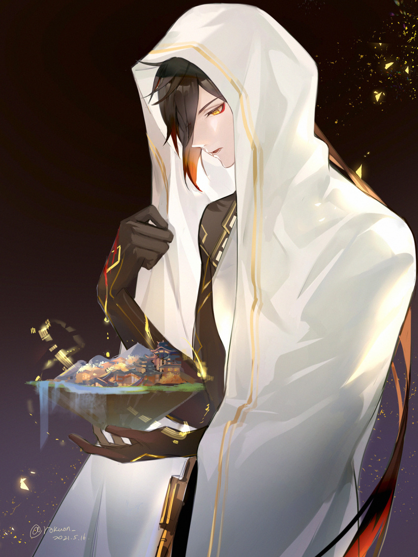 1boy, alternate_costume, architecture, arm_tattoo, bangs, bare_shoulders, black_background, brown_hair