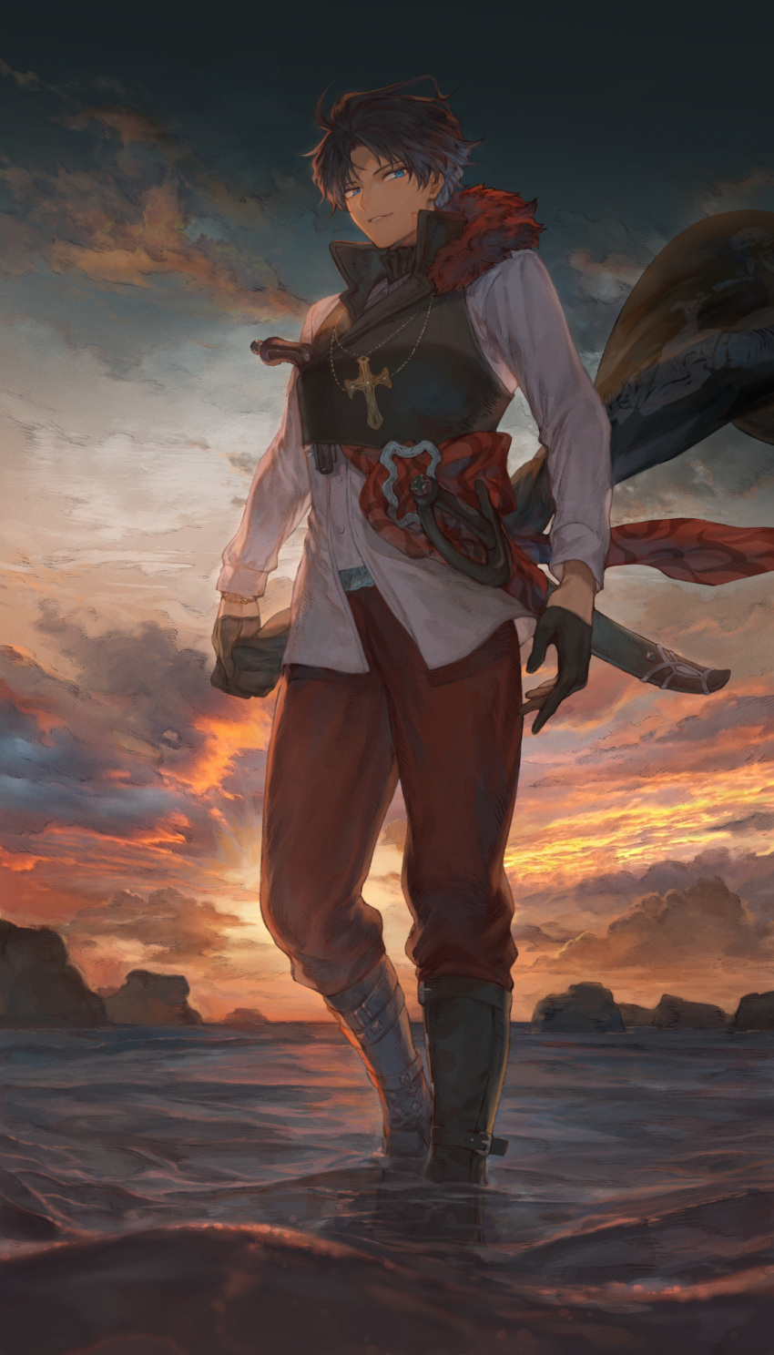 1boy, antique_firearm, bartholomew_roberts_(fate), black_gloves, black_hair, blue_eyes, boots, cross, cross_necklace, cutlass, dark_skin, dark_skinned_male, fate/grand_order, fate_(series), firearm, firelock, flintlock, gloves, gun, highres, jewelry, male_focus, mashuu_(neko_no_oyashiro), necklace, ocean, pants, twilight, weapon