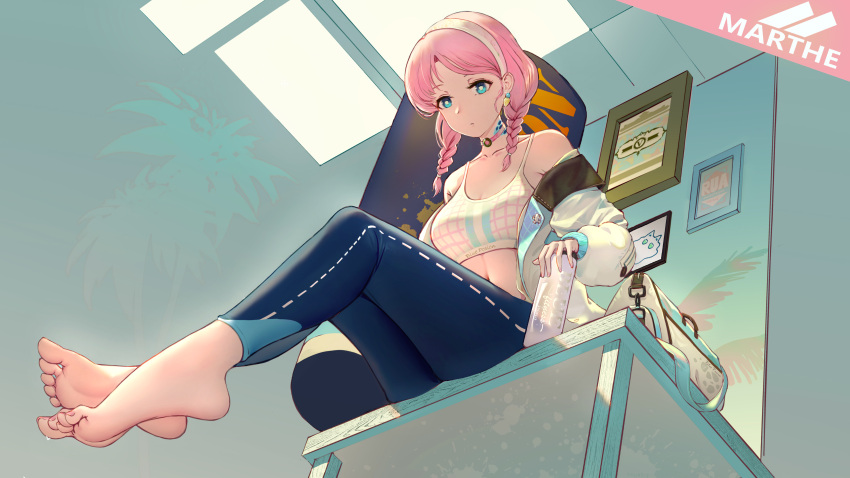 1girl, absurdres, arknights, bag, bangs, bare_shoulders, barefoot, blue_eyes