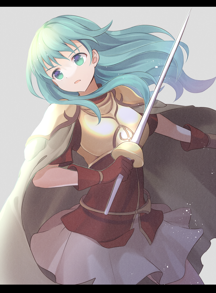 1girl, aqua_hair, armor, black_border, blue_eyes, border, breastplate, eirika_(fire_emblem)