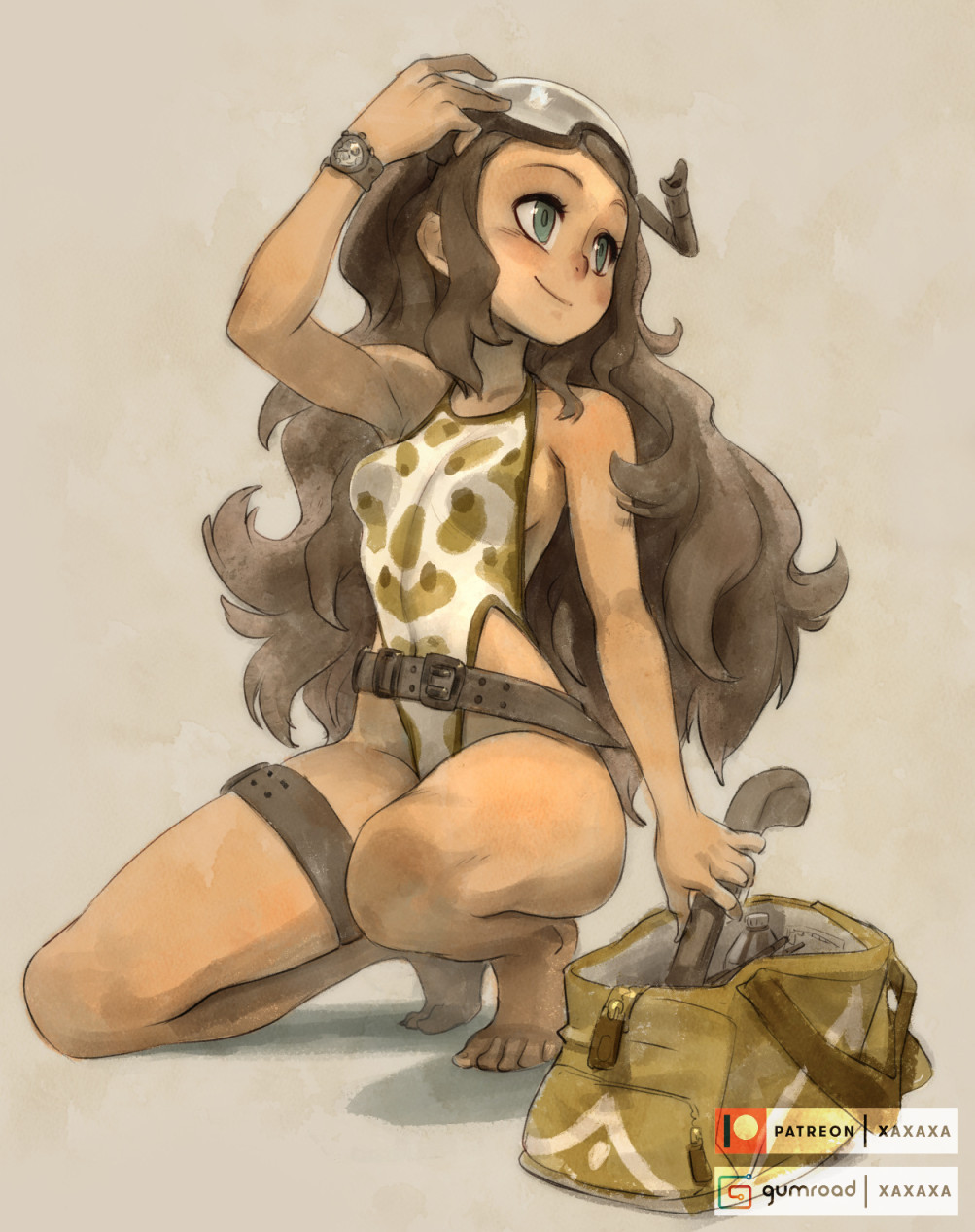 1girl, bag, barefoot, beige_background, belt, big_hair, blue_eyes, breasts, brown_hair, camouflage, dark_skin, dark-skinned_female, english_commentary, goggles, goggles_on_head, gumroad_username, harpoon_gun, highleg, highleg_swimsuit, highres, holster, kneeling, long_hair, one-piece_swimsuit, one_knee, original, patreon_username, pinup_(style), reward_available, satchel, small_breasts, snorkel, solo, swimsuit, thigh_holster, watch, watch, xavier_houssin
