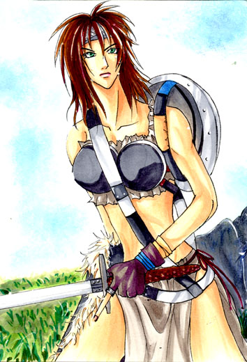 brown_hair, hanna_(suikoden), midriff, shield, suikoden, suikoden_ii, sword