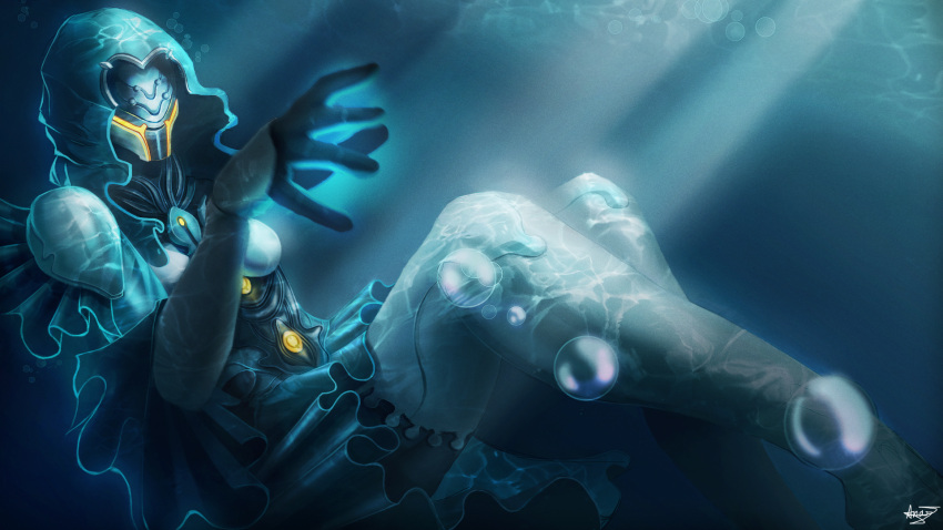1girl, anavi_ivy, blue_skirt, breasts, bubble, english_commentary, floating, gloves, glowing, glowing_hand, highres, hood, power_armor, signature, skirt, small_breasts, solo, underwater, warframe, yareli_(warframe)