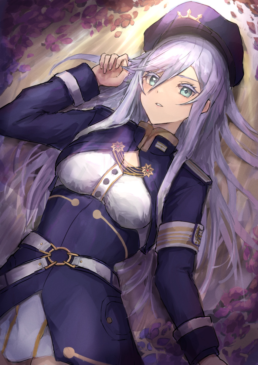 1girl, 86_-eightysix-, armband, bangs, belt, blue_headwear, breasts, cleavage_cutout, clothing_cutout, from_above, green_eyes, hair_behind_ear, hair_between_eyes, highres, ito_t20a, light_blush, looking_at_viewer, lying, medium_breasts, military, military_uniform, on_ground, parted_lips, silver_hair, solo, uniform, vladilena_millize