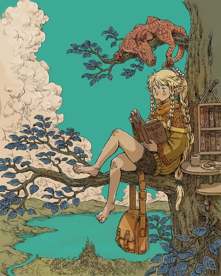 1girl, aqua_sky, barefoot, blonde_hair, book, bookshelf, branch, brown_bag