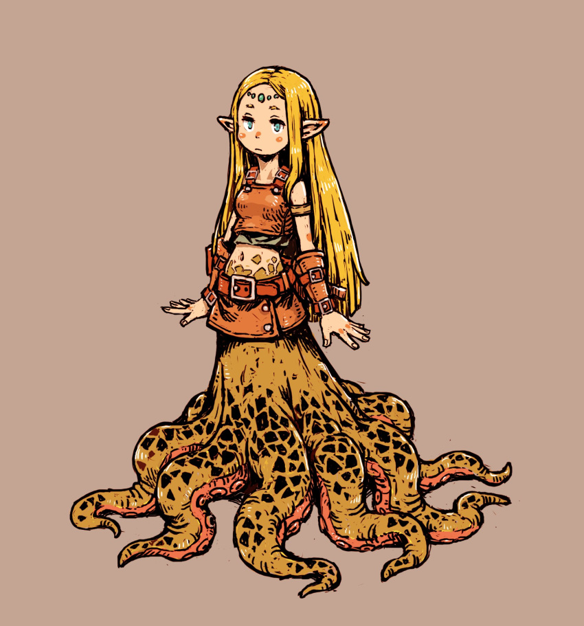 1girl, aqua_eyes, belt, blonde_hair, blush, brown_background, expressionless, highres, long_hair, momochichi77, monster_girl, navel, original, pointy_ears, scylla, simple_background, solo, suction_cups, tentacles, very_long_hair