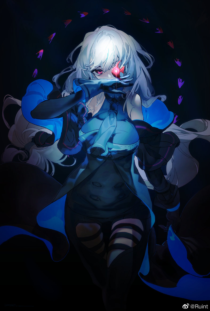 1girl, arknights, arm_cuffs, ascot, bare_shoulders, black_background, black_gloves, black_neckwear