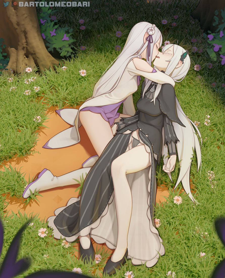 2girls, bartolomeobari, black_dress, black_panties, boots, closed_eyes, dress, echidna_(re:zero)