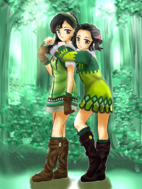 2girls, brown_eyes, brown_hair, chihaya_(artist), smile, suikoden, suikoden_iii, yumi_(suikoden)