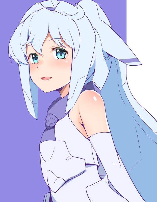 1girl, android, aqua_hair, blue_eyes, detached_sleeves, dress, eyebrows_visible_through_hair, gloves, gundam, gundam_build_divers, hair_between_eyes, headgear, honda_naoki, lips, long_hair, looking_at_viewer, mechanical_hair, mobile_doll_sara, open_mouth, purple_background, purple_neckwear, sara_(gundam_build_divers), silver_hair, smile, solo, upper_body, white_background
