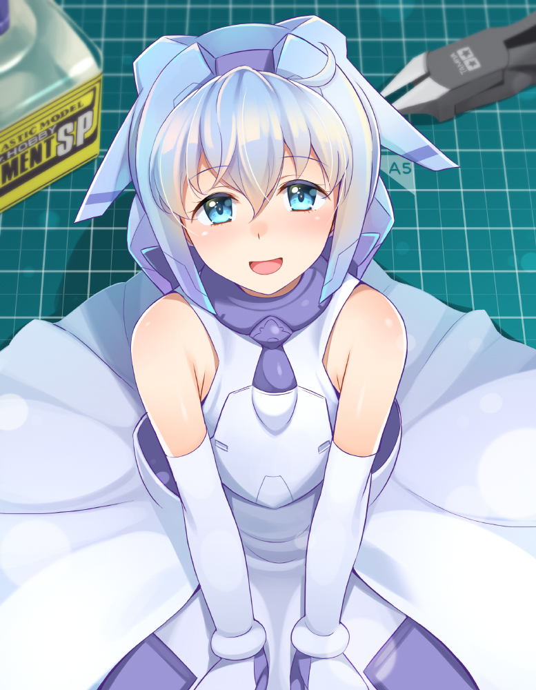 1girl, blue_eyes, bottle, building, glue, gundam, gundam_build_divers, gunpla, hairband, honda_naoki, looking_at_viewer, mecha, mechanical_hair, mobile_doll_sara, model_building, model_kit, open_mouth, plamo, sara_(gundam_build_divers), silver_hair, sitting, smile, tweezers