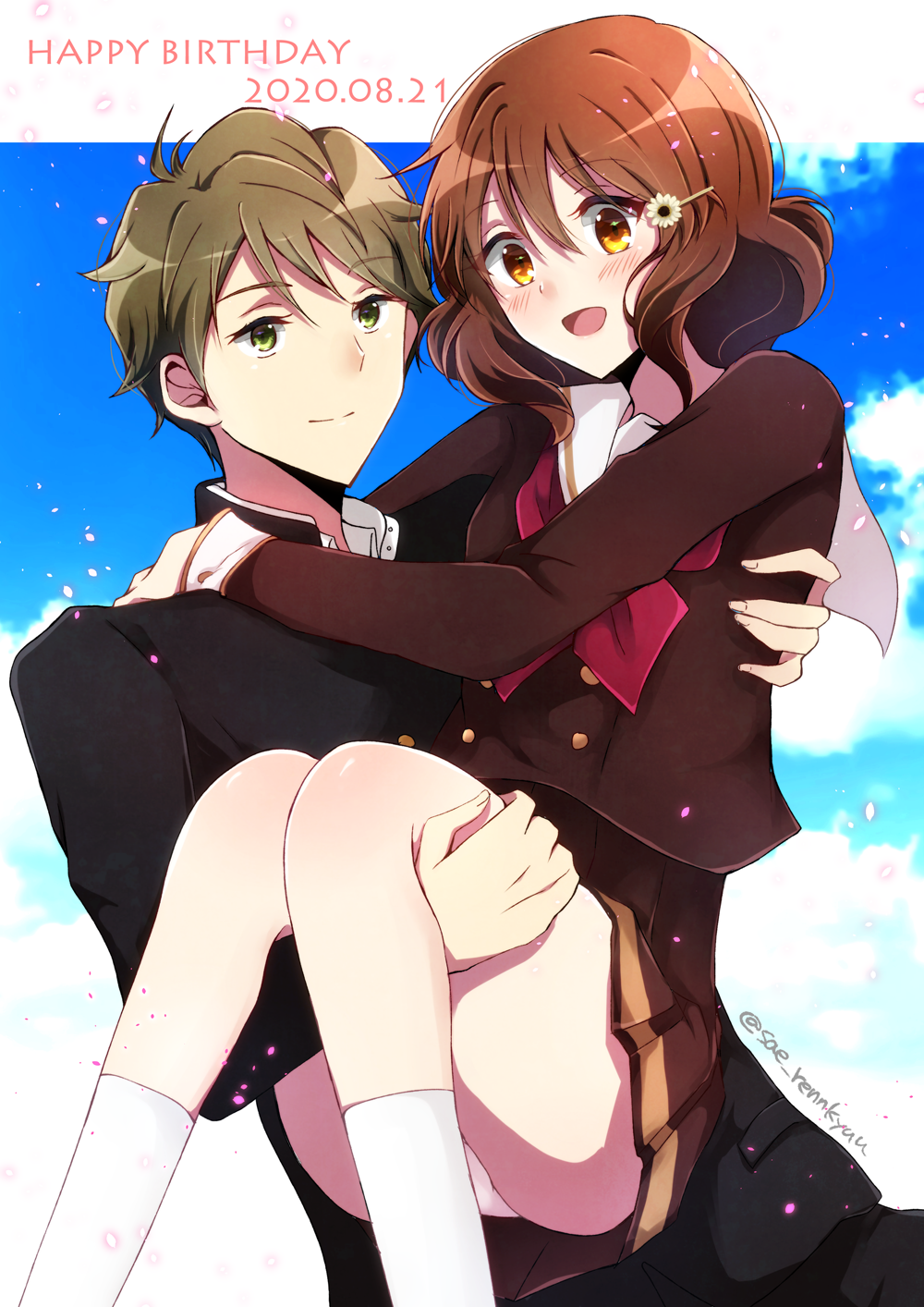 1boy, 1girl, arms_around_neck, bangs, black_blouse, black_jacket, black_skirt, blouse