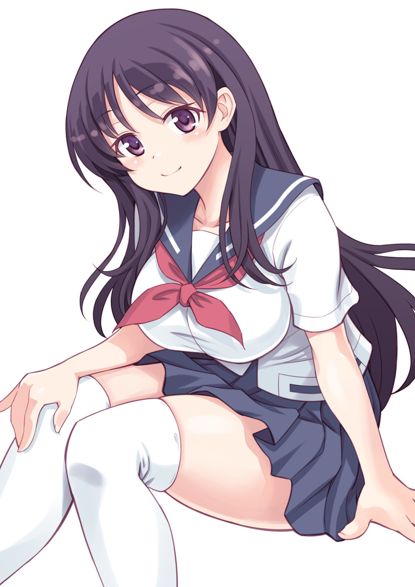 1girl, bangs, black_hair, blouse, blue_sailor_collar, blue_skirt, breasts, closed_mouth