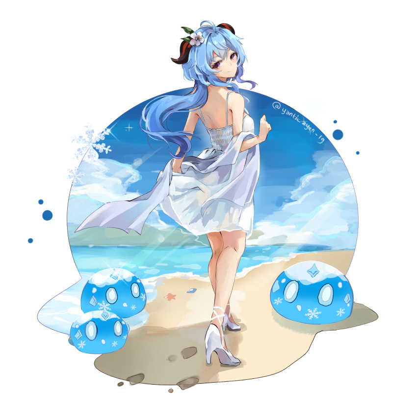 1girl, alternate_costume, bad_anatomy, bangs, beach, blue_hair, blue_sky, clip_studio_paint_(medium)