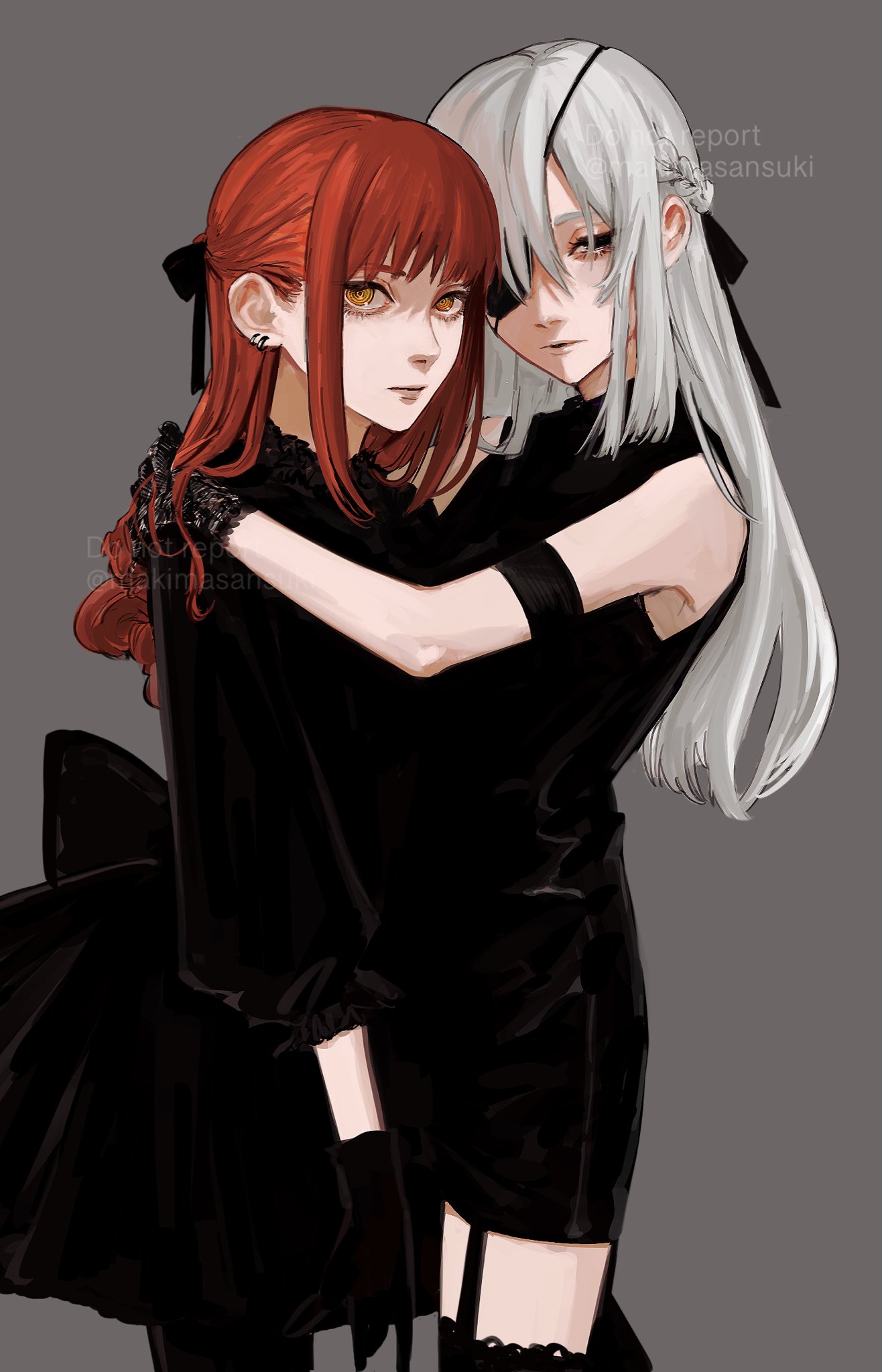 2girls, alternate_costume, alternate_hairstyle, armband, black_dress, black_eyes, black_gloves, black_legwear
