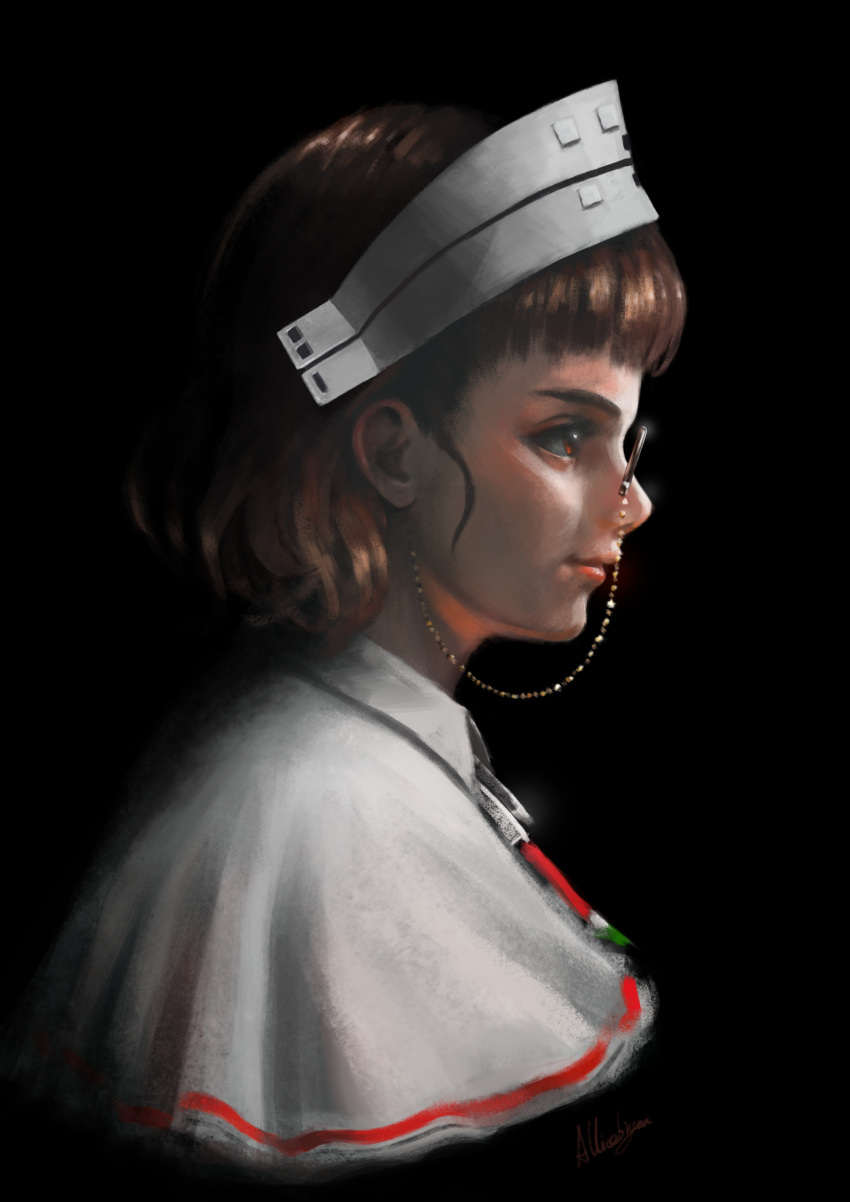 1girl, absurdres, arise_(allicenogalca), bangs, black_background, blunt_bangs, brown_eyes, capelet