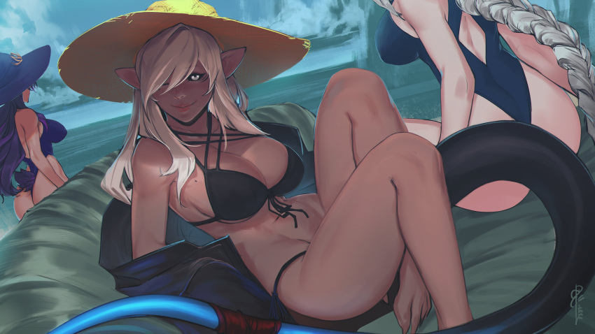 3girls, ;), absurdres, aiko_(less), artist_name, ass, bangs, bare_legs