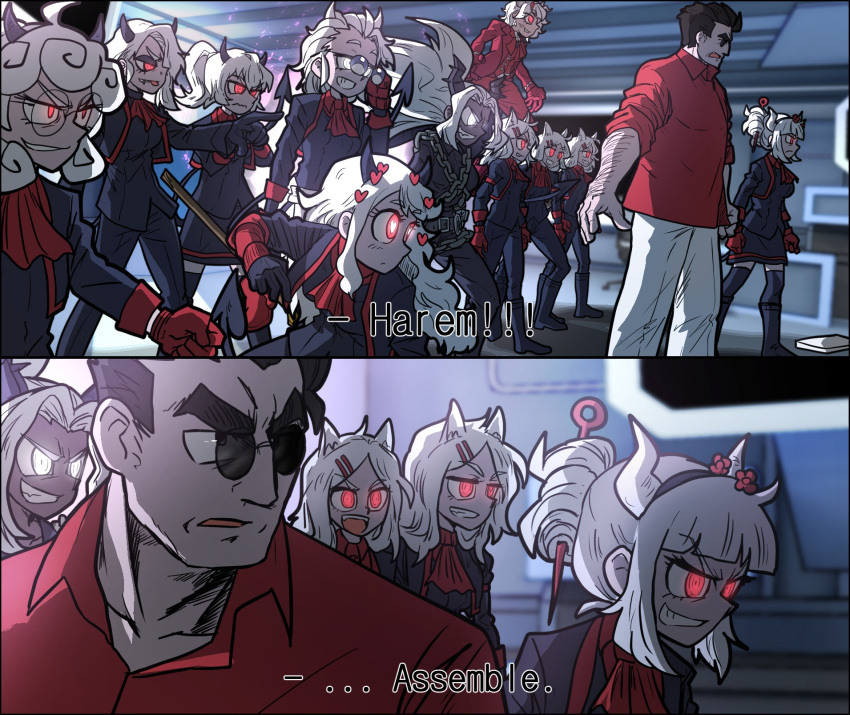6+girls, beelzebub_(helltaker), boots, cerberus_(helltaker), chain, ddolbang, demon_girl, demon_horns, demon_tail, fighting_stance, gloves, grin, helltaker, helltaker_(character), highres, horns, judgement_(helltaker), justice_(helltaker), knee_boots, lucifer_(helltaker), maid, malina_(helltaker), modeus_(helltaker), multiple_girls, pandemonica_(helltaker), parody, portal_(object), red_eyes, red_shirt, shirt, smile, tail, white_hair, zdrada_(helltaker)