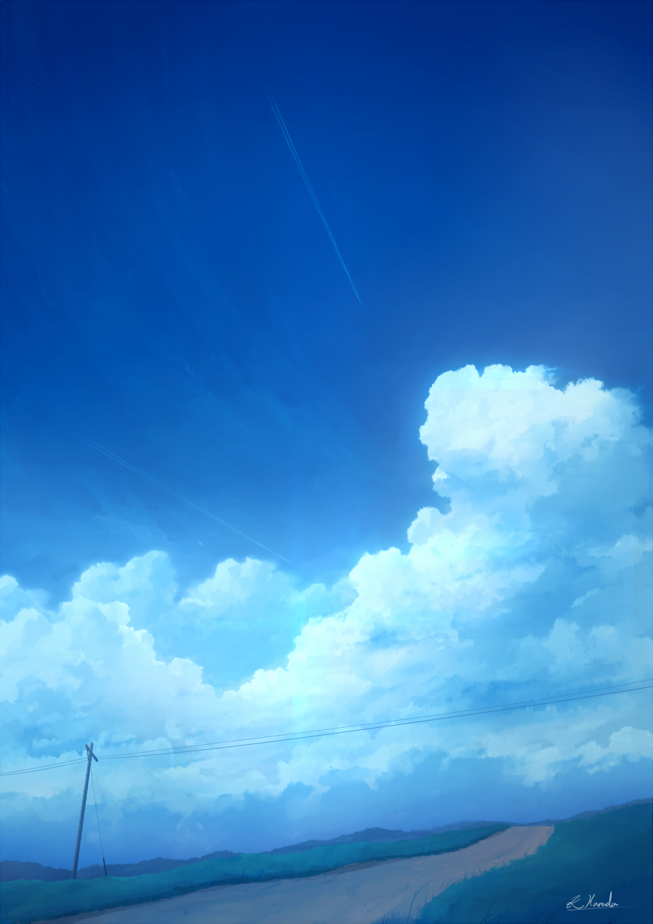 alu.m_(alpcmas), blue_sky, clouds, commentary_request, condensation_trail, cumulonimbus_cloud, grass, highres