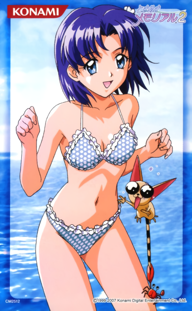 1990s_(style), 1girl, bangs, bikini, blue_eyes, blue_hair, company_name, copyright, cowboy_shot, crab, frilled_bikini, frills, kokura_masashi, konami, logo, nozaki_sumire, official_art, open_mouth, polka_dot, polka_dot_bikini, retro_artstyle, short_hair, solo, swimsuit, tail, tail_grab, tokimeki_memorial, tokimeki_memorial_2